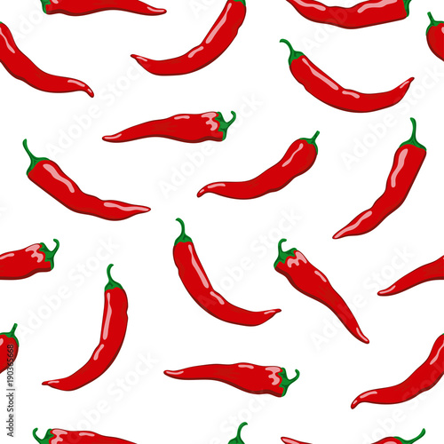 Hot chili pepper seamless pattern. Bright red peppers on white background.