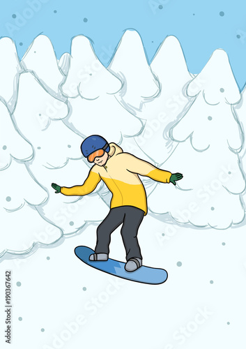 A young man riding a snowboard amongst the snow-covered trees. Snowboarding, extreme winter sport, active recreation. Vector Illustration.