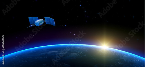 Sputnik flying in outer space above the Earth and Sun on the background.
