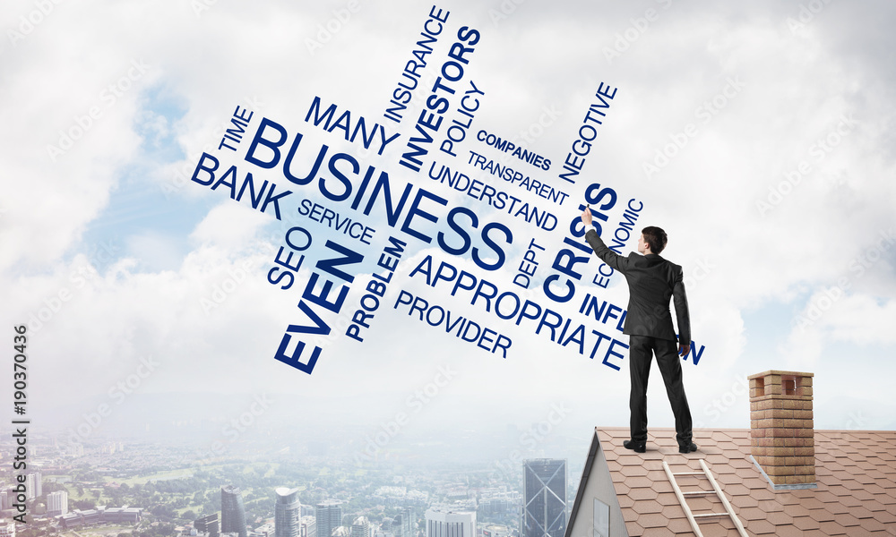Young businessman standing on house roof and writing leadership skill concept. Mixed media Young businessman standing on house roof and writing leadership skill concept. Mixed media