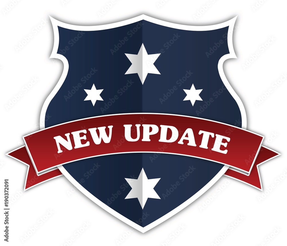 Blue shield and red ribbon with NEW UPDATE text. Blue shield and red ribbon with NEW UPDATE text.