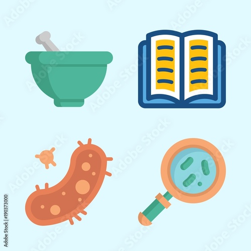 Icons about Science with open book, bacteria, mortar and loupe