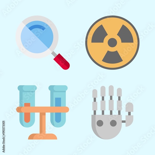 Icons about Science with mechanical arm, radiation, flasks and loupe