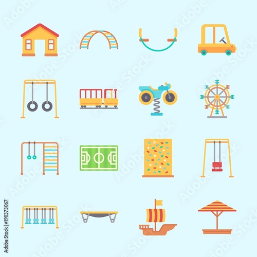 Icons about Amusement Park with sailing boat, toy car, jumping flore, motor swing, soccer field and game zone