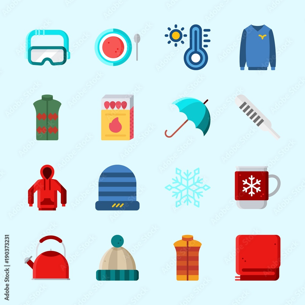 Icons about Winter with kettle, blanket, winter hat, soup, hot drink and umbrella Icons about Winter with kettle, blanket, winter hat, soup, hot drink and umbrella