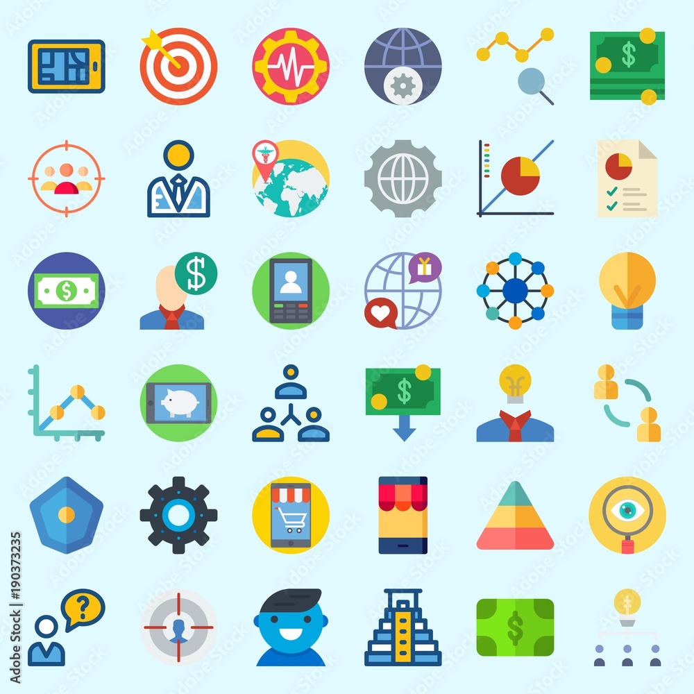 Icons about Marketing with search, pie chart, idea, line chart, settings and network Icons about Marketing with search, pie chart, idea, line chart, settings and network