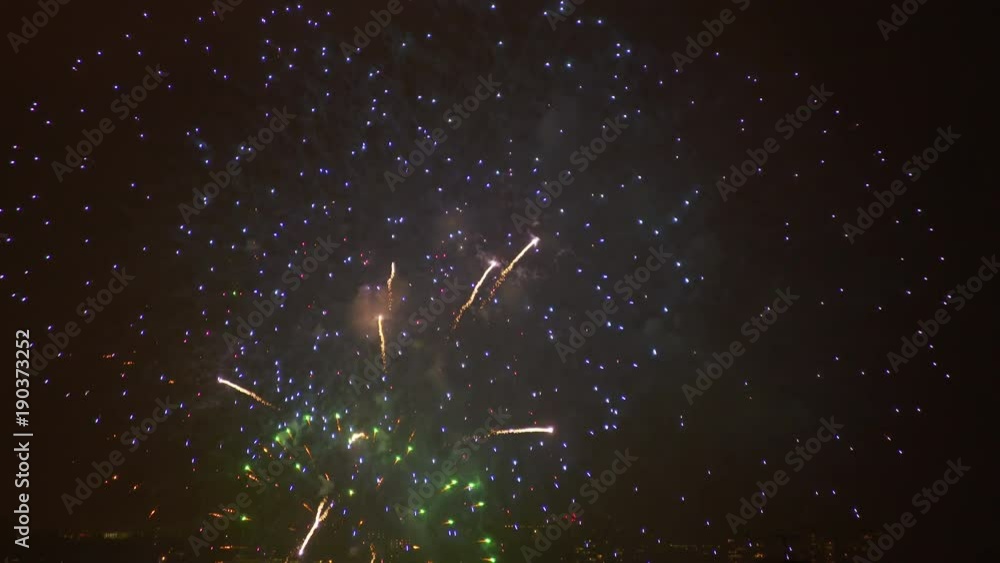 A full shot of a city and fireworks on a new year. Camera slowly zooms in A full shot of a city and fireworks on a new year. Camera slowly zooms in