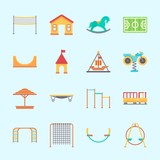 Icons about Amusement Park with amusement park, carousel, sunshade, horse swing, swing  and pirate ship ride