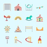 Icons about Amusement Park with roller coaster, horse carousel, fun, game zone, basketball and skater