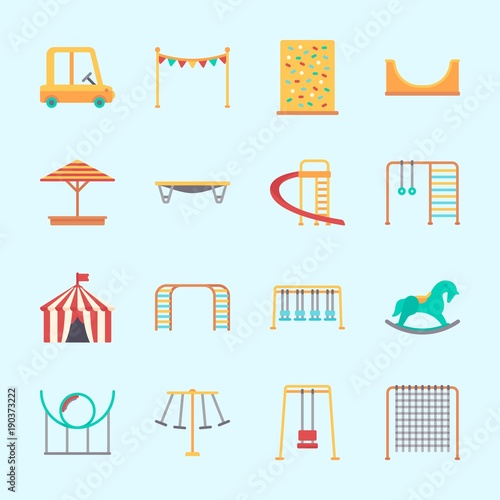Icons about Amusement Park with roller coaster, carousel, climb , sunshade, game zone and horse swing