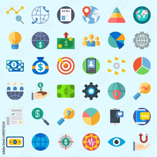 Icons about Marketing with target, worldwide, idea, pie chart, smartphone and line chart
