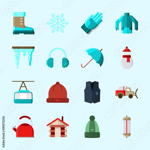 Icons about Winter with snowflake, earmuffs, kettle, winter hat, umbrella and icicle
