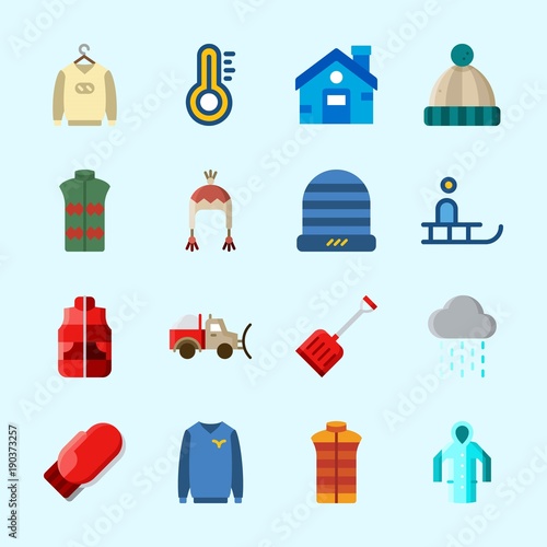 Icons about Winter with mitten, rain coat, rain, house, thermometer and vest