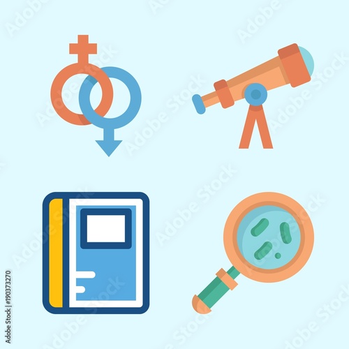 Icons about Science with notebook, telescope, gender and loupe