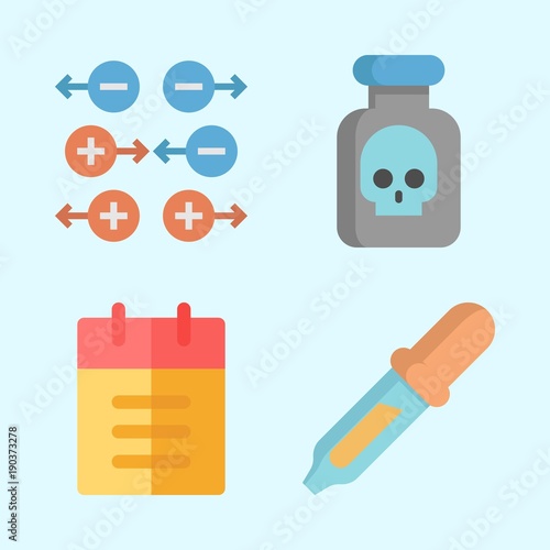 Icons about Science with poison, pipiette, notebook and gravity