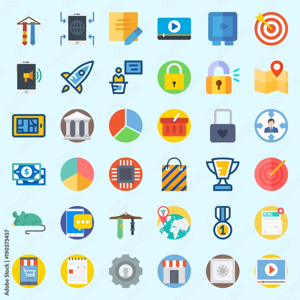 Icons about Digital Marketing with shopping bag, target, safebox, museum, settings and video player Icons about Digital Marketing with shopping bag, target, safebox, museum, settings and video player