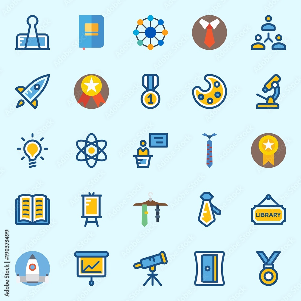 Icons set about School And Education with library, open book, missile, idea, microscope and tie Icons set about School And Education with library, open book, missile, idea, microscope and tie