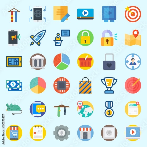 Icons about Digital Marketing with shopping bag, target, safebox, museum, settings and video player