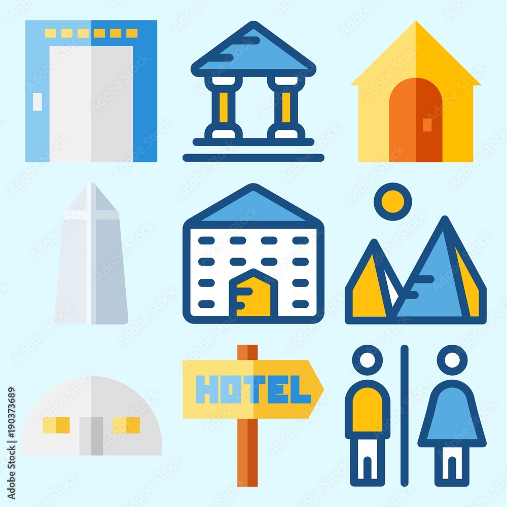 Icons set about Construction with real estate, store house, washington monument, elevator, toilet and museum