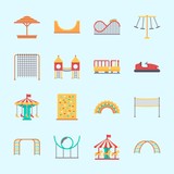 Icons about Amusement Park with child train, carousel, sunshade, climb , climbing and bumber car