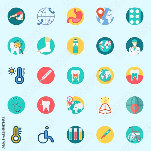 Icons set about Medical with surgeon, teeth, yoga, sprain, mystical and stethoscope