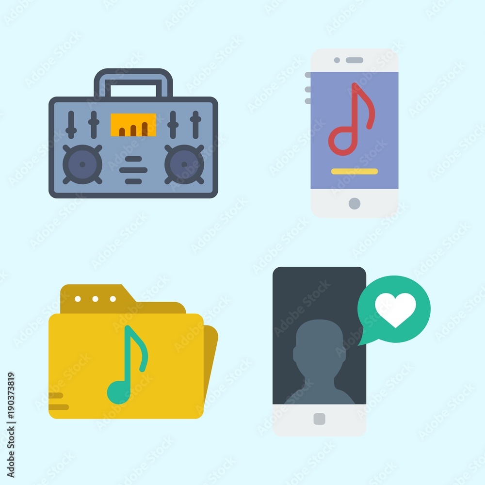 Icons set about Music with music player, radio, music folder and smartphone Icons set about Music with music player, radio, music folder and smartphone