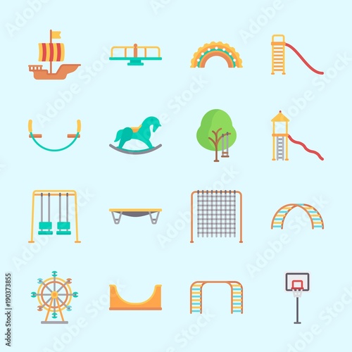 Icons about Amusement Park with sailing boat, swings, carrousel, basketball, swing  and skater