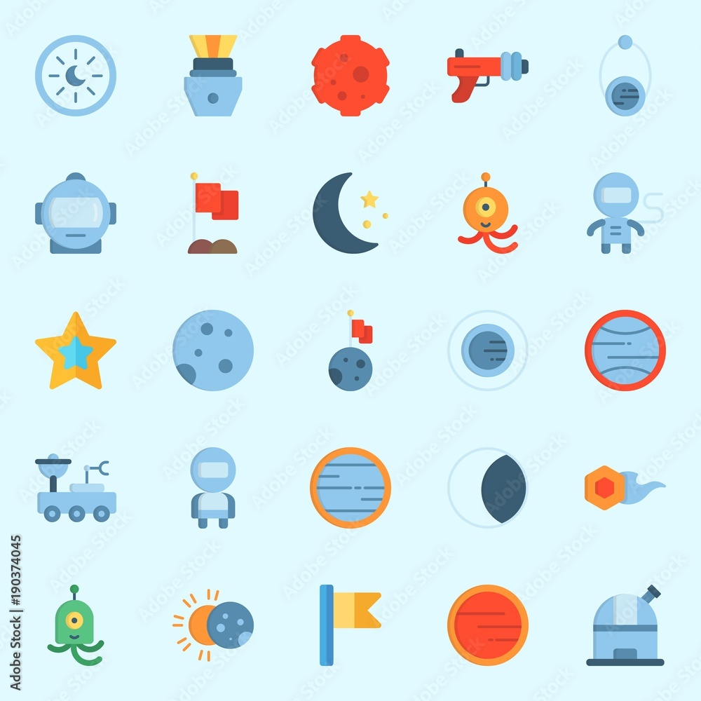 Icons set about Universe with star, alien, venus, observatory, blaster and mars Icons set about Universe with star, alien, venus, observatory, blaster and mars