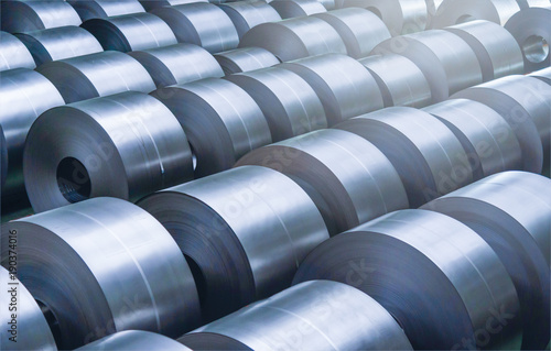 Cold rolled steel coil at storage area in steel industry plant. photo