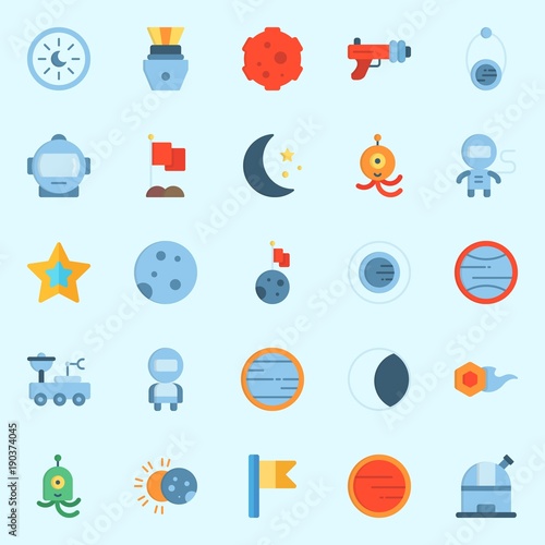 Icons set about Universe with star, alien, venus, observatory, blaster and mars