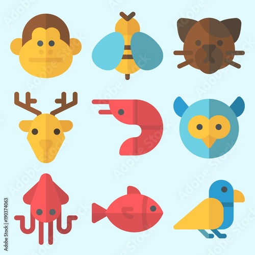 Icons set about Animals with cat, prawn, squid, wasp, monkey and deer