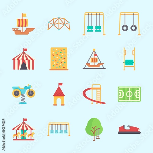 Icons about Amusement Park with soccer field, carousel, bumber car, swing , sailing boat and game zone