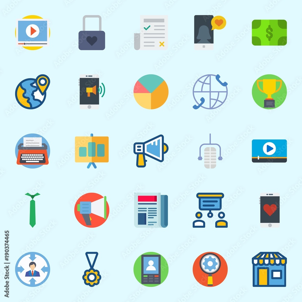 Icons set about Digital Marketing with target, pie chart, typewriter, video player, padlock and megaphone Icons set about Digital Marketing with target, pie chart, typewriter, video player, padlock and megaphone