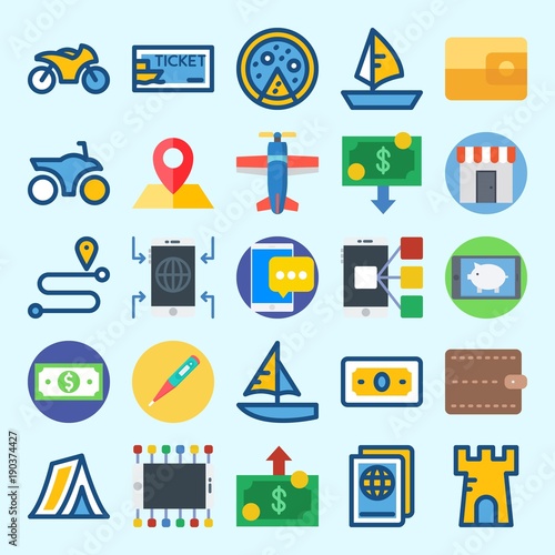Icons set about Travel with sailboat, tower, motorbike, money, wallet and ticket