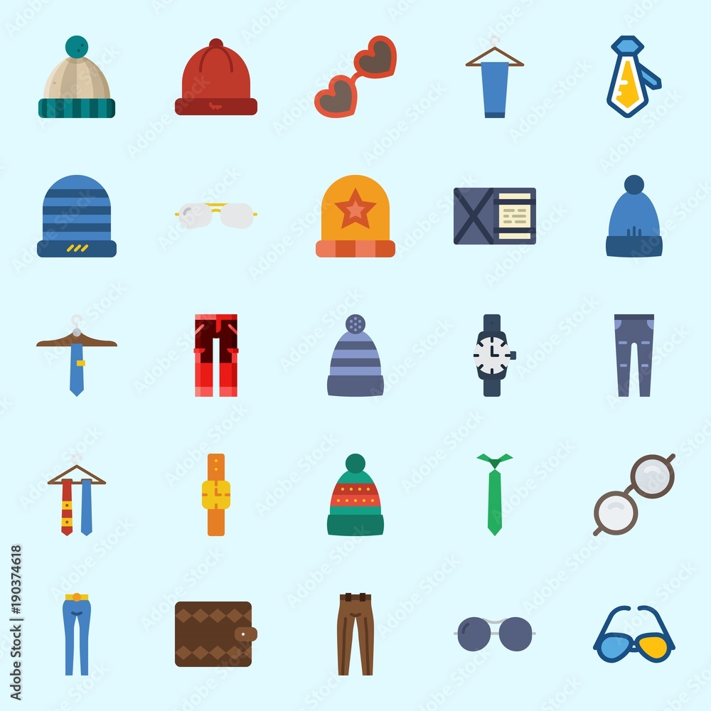 Icons set about Man Accessories with wallet, sunglasses, winter hat, watch, tie and trousers Icons set about Man Accessories with wallet, sunglasses, winter hat, watch, tie and trousers