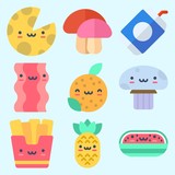 Icons set about Food with cheese, soda, orange, watermelon, bacon and mushroom