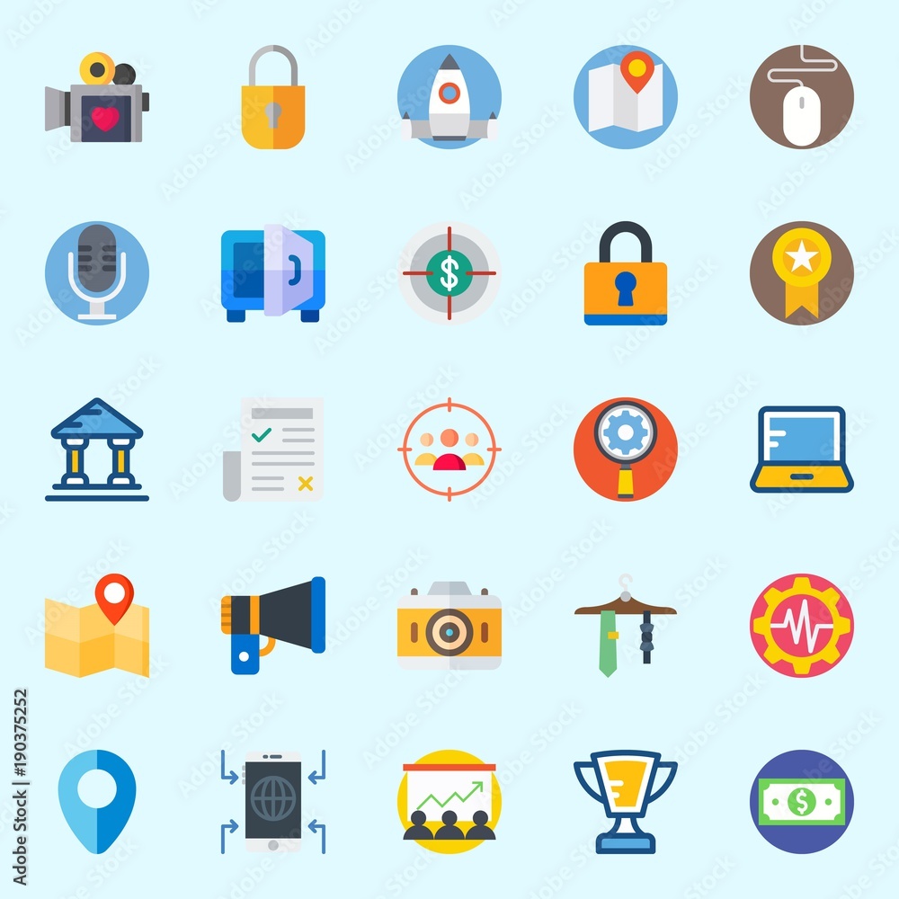 Icons set about Digital Marketing with laptop, museum, startup, padlock, map and newspaper Icons set about Digital Marketing with laptop, museum, startup, padlock, map and newspaper