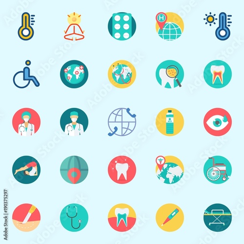 Icons set about Medical with teeth, surgery, mystical, stethoscope, worldwide and visibility