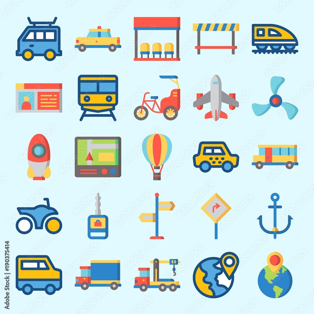 Icons set about Transportation with bike, driving license, taxi, road sing, anchor and road block