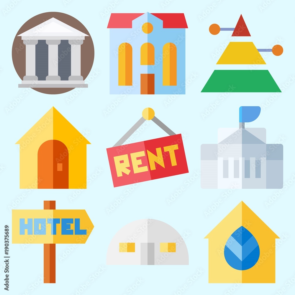 Icons set about Construction with real estate, store house, white house, hotel, for rent and pyramid Icons set about Construction with real estate, store house, white house, hotel, for rent and pyramid