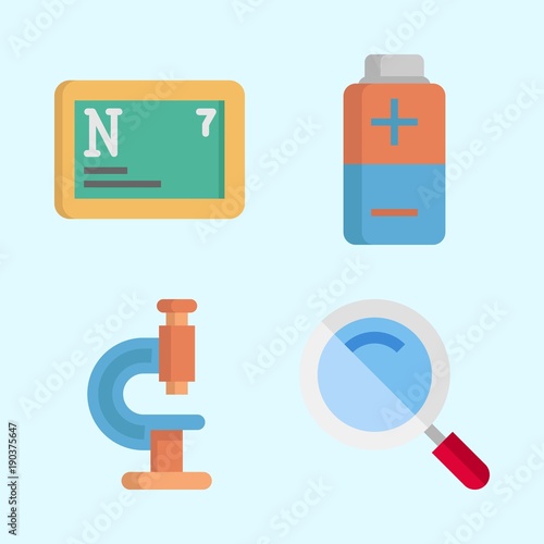 Icons about Science with microscope, nitrogen, loupe and battery