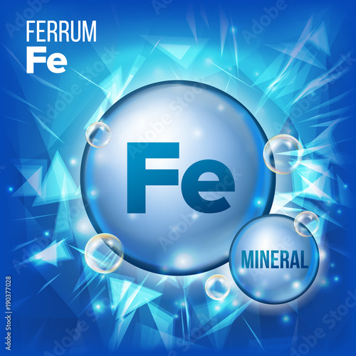 Fe Ferrum Vector. Mineral Blue Pill Icon. Vitamin Capsule Pill Icon. Substance For Beauty, Cosmetic, Heath Promo Ads Design. 3D Mineral Complex With Chemical Formula. Illustration