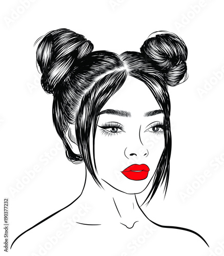 Cute girl with double hair buns and long silky hair.Close up look, closed eye with long eyelashes and full shaped eyebrows, perfect lips shape.Hand-drawn idea for business visit card typography vector