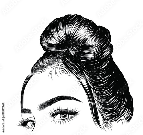 Hand-drawn beauty woman with luxurious cute bun hairstyle. . idea for business visit card typograph