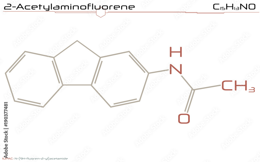 Large and detailed infographic of the molecule of 2-Acetylaminofluorene Large and detailed infographic of the molecule of 2-Acetylaminofluorene
