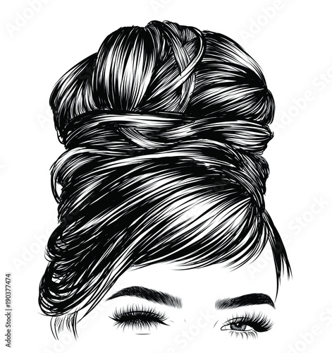 Hand-drawn beauty woman with luxurious cute bun hairstyle. . idea for business visit card typograph