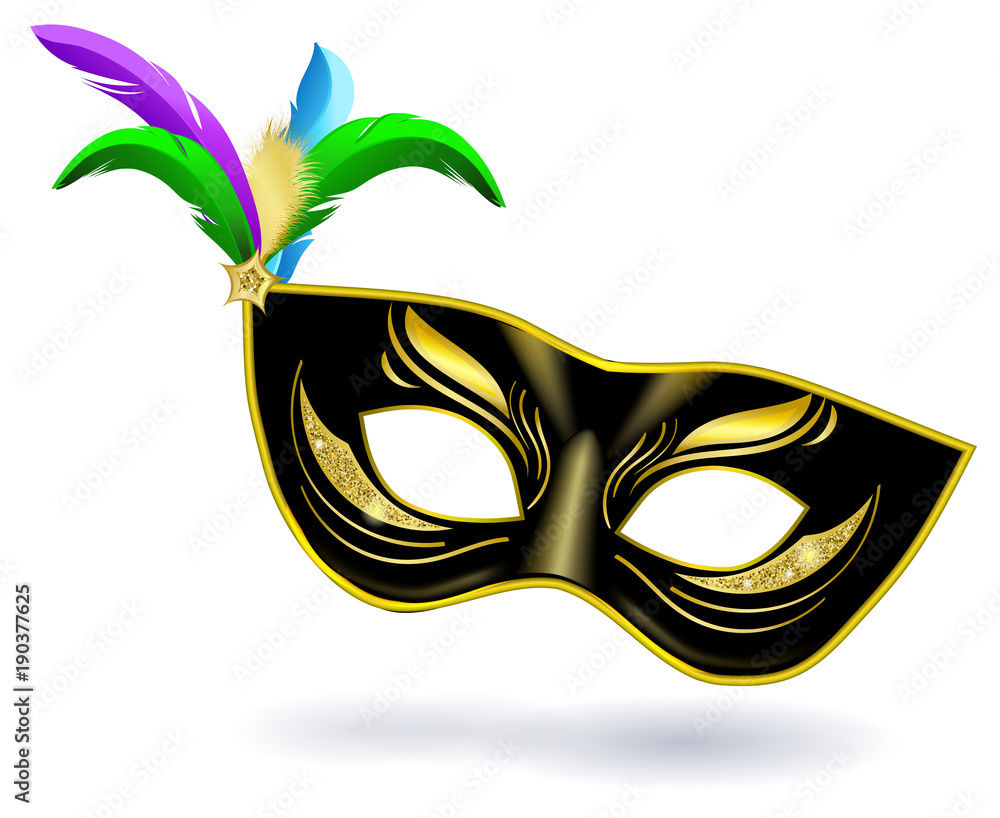 Black gold carnival mask with violet pink blue green feathers on white  background. Masquerade banner Stock Vector | Adobe Stock