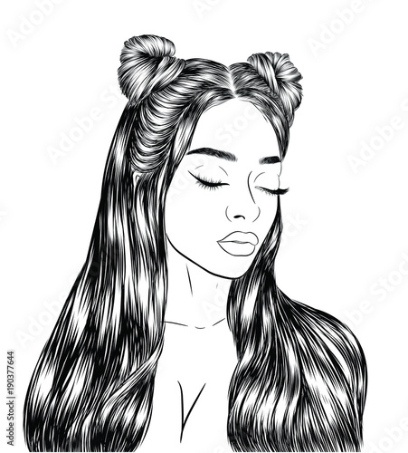Cute girl with double hair buns and long silky hair.Close up look, closed eye with long eyelashes and full shaped eyebrows, perfect lips shape.Hand-drawn idea for business visit card typography vector