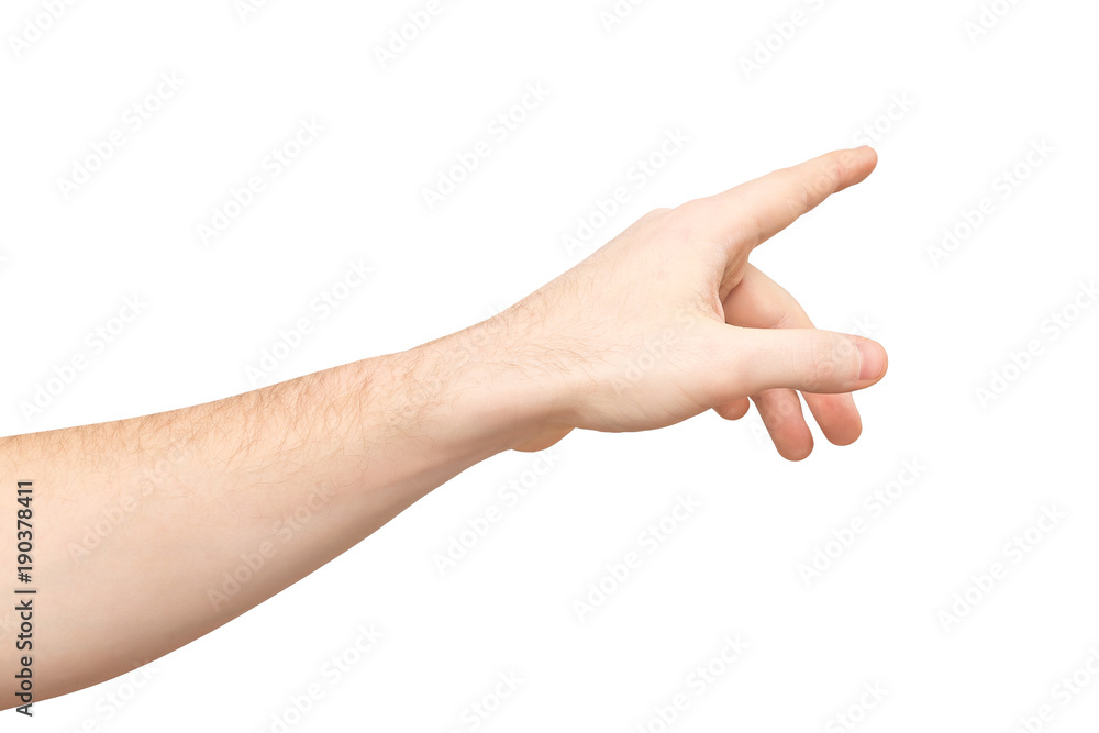 Closeup image of male hand making pointing gesture isolated at white background. Closeup image of male hand making pointing gesture isolated at white background.