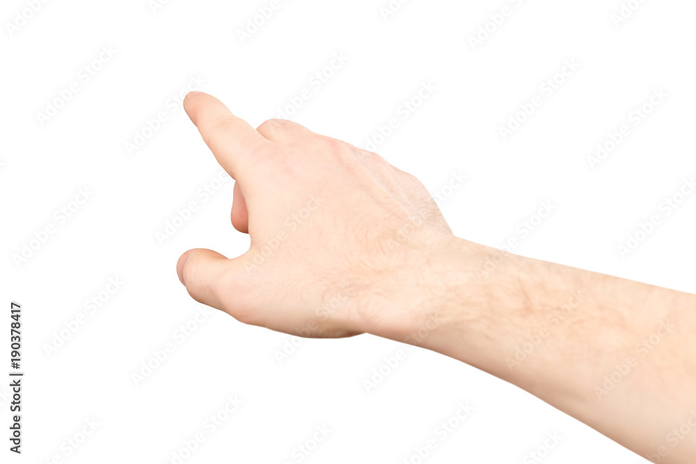 Closeup image of male hand making pointing gesture isolated at white background. Closeup image of male hand making pointing gesture isolated at white background.